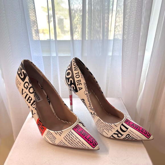 Steve Madden Shoes - Steve Madden White Newspaper Print Pointed Toe Heels with Pink Accents
